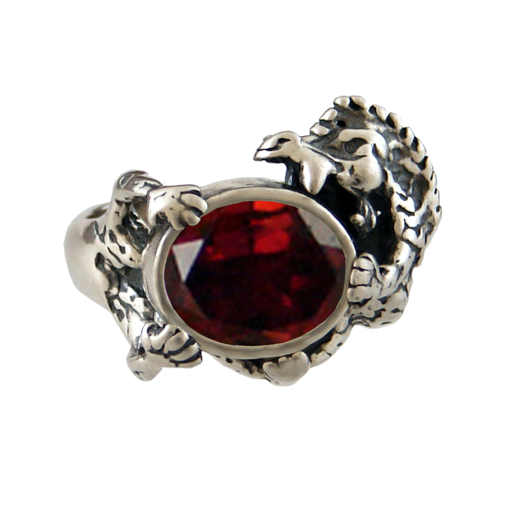 Sterling Silver Good Luck Dragon Ring With Garnet Size 9